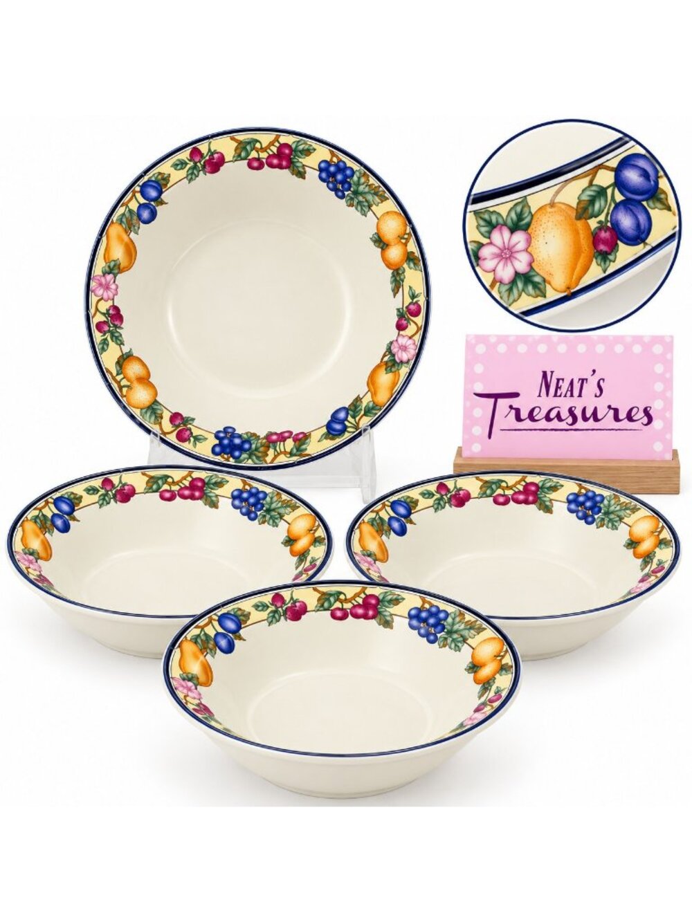 Oneida ORCHARD Fruit Blueberries Pear Plums Stoneware Rim Cereal Bowls Set 4